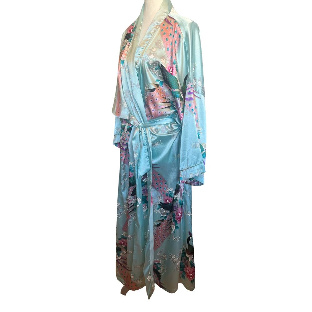 Vintage Y2K Applesauce Satin Peacock Floral Kimono Robe - One Size - Picture 3 of 7